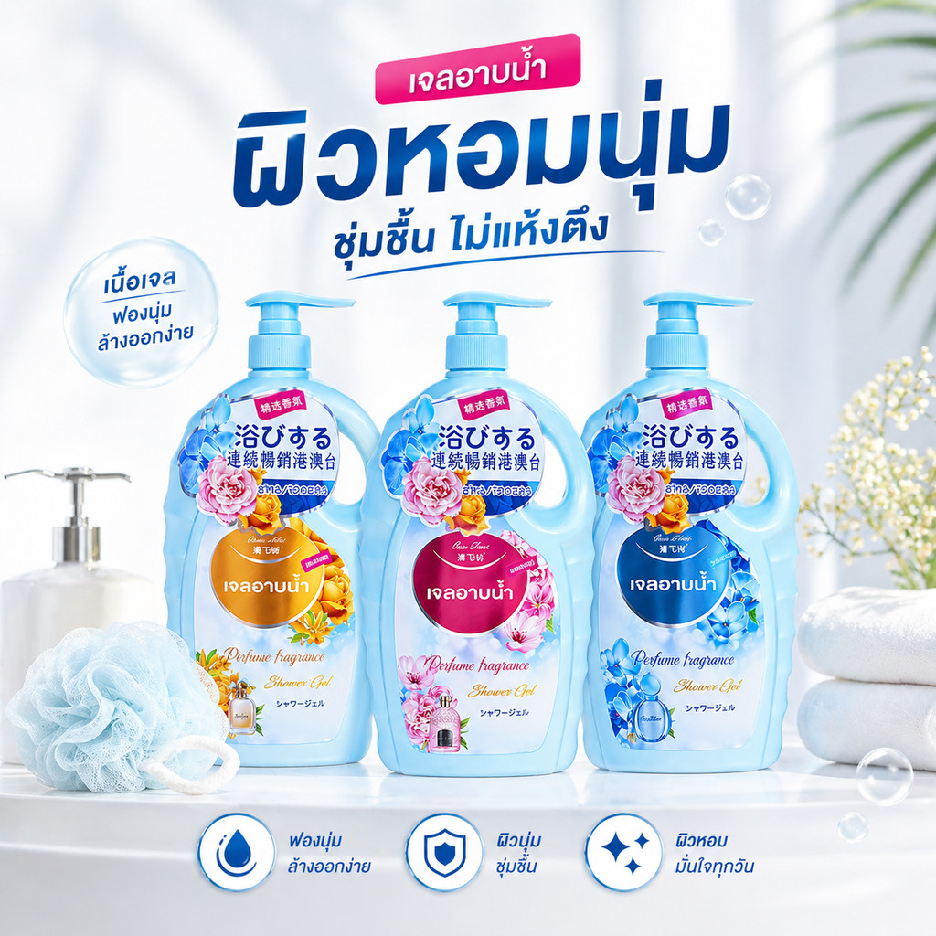 เจลอาบน้ำ ชนิดเจลเข้มข้น 1000ml กลิ่นน้ำหอม กลิ่นหอม อ่อนโยน
