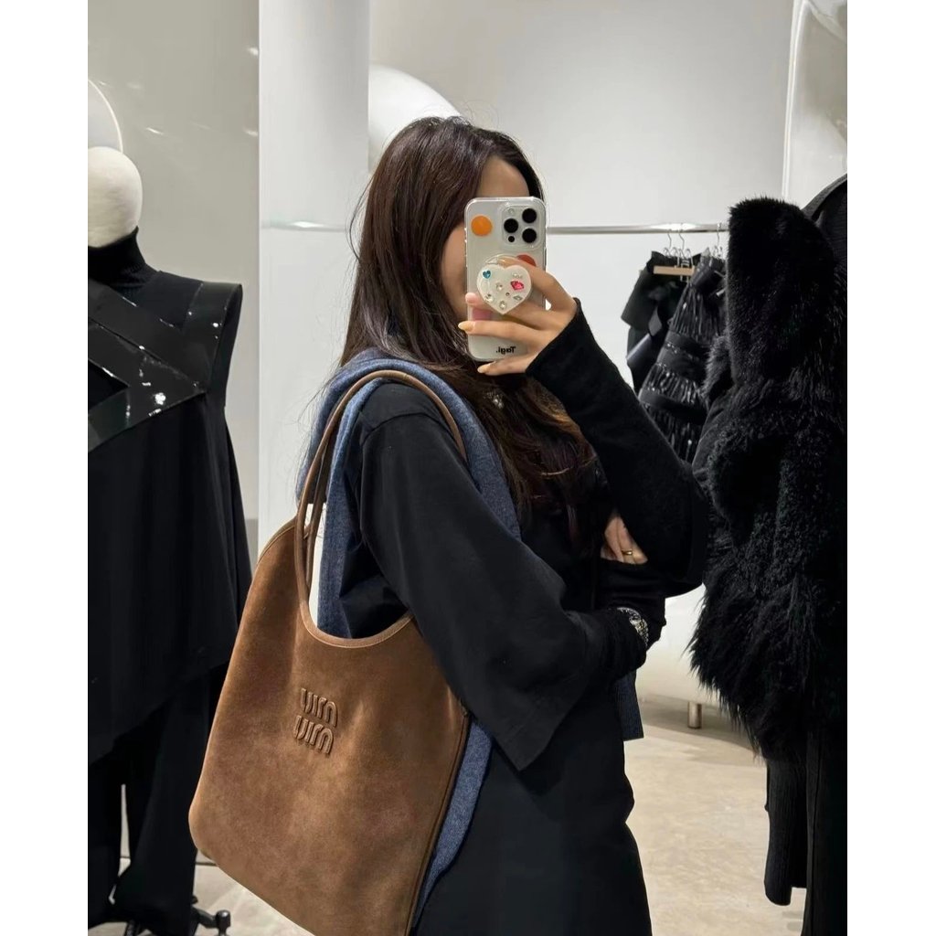MIUMIU ivy tote Suede Frosted Tote Miu Tote Tote ivy Vertical Tote Bag Medium Hobo Shopping Bag กระเ