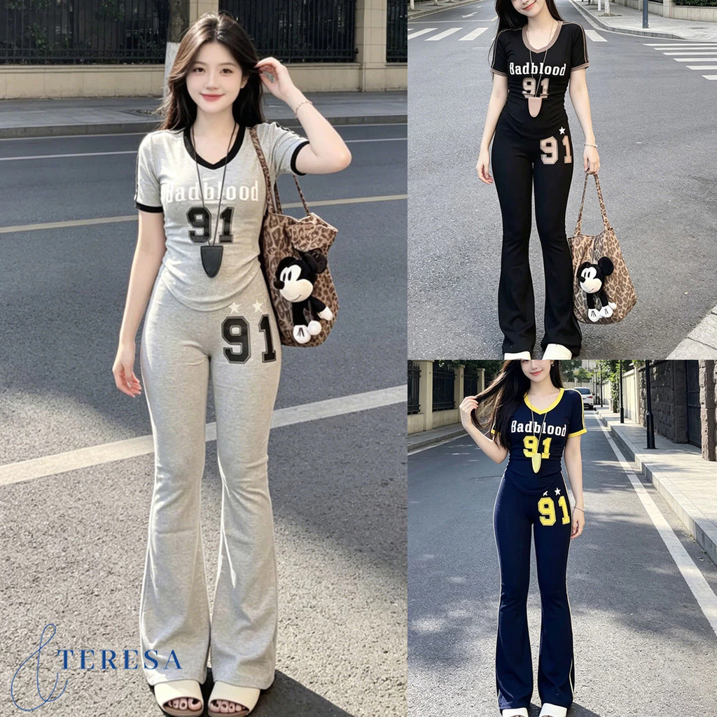ชุดเซ็ตแฟชั่นรุ่นยอดฮิต เสื้อแขนสั้นกางเกงขาม้า ใส่ไปเรียน ไปเที่ยว หรือทำงานก็เอาอยู่