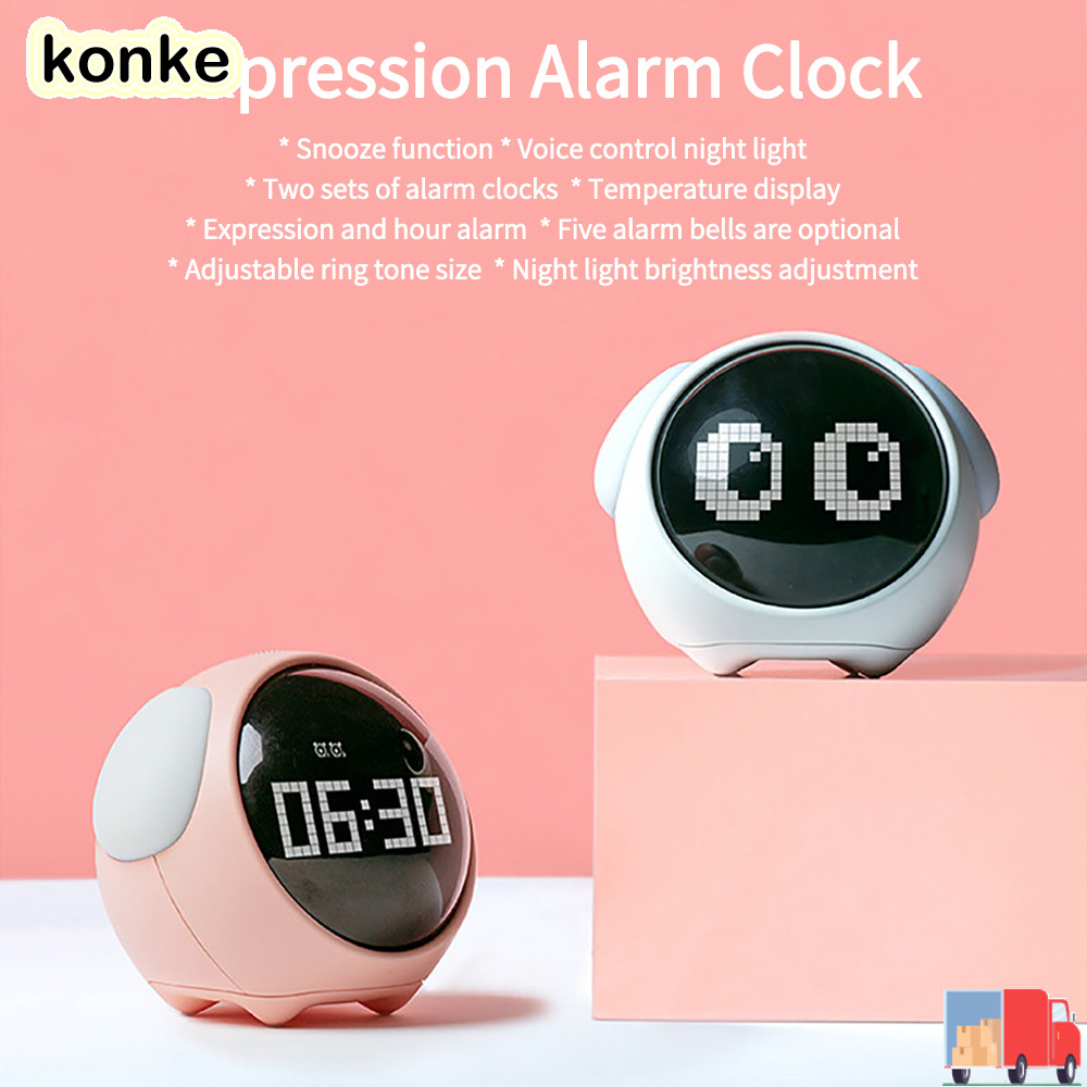 KONKE นาฬิกาปลุกสําหรับเด็ก, การตั้งค่าสัญญาณเตือนภัยคู่, ไฟกลางคืนแสดงออกที่น่ารัก, การตรวจจับอุณหภูมิปรับความสว่างได้มัลติฟังก์ชั่น,