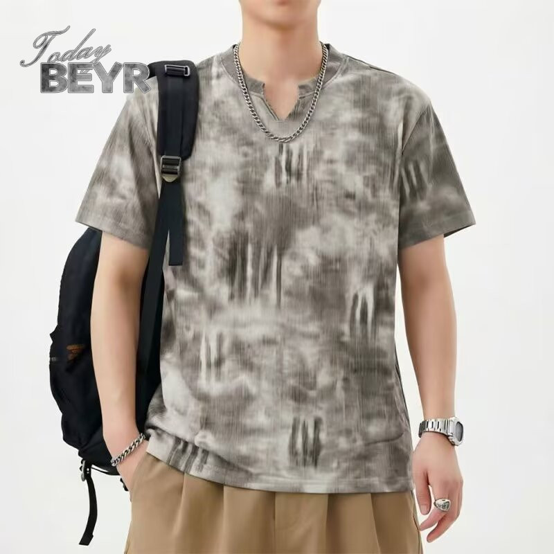 LIssomeSUN เสื้อยืดแขนสั้นผู้ชาย Tie-Dye แฟชั่นคอกลมลําลอง