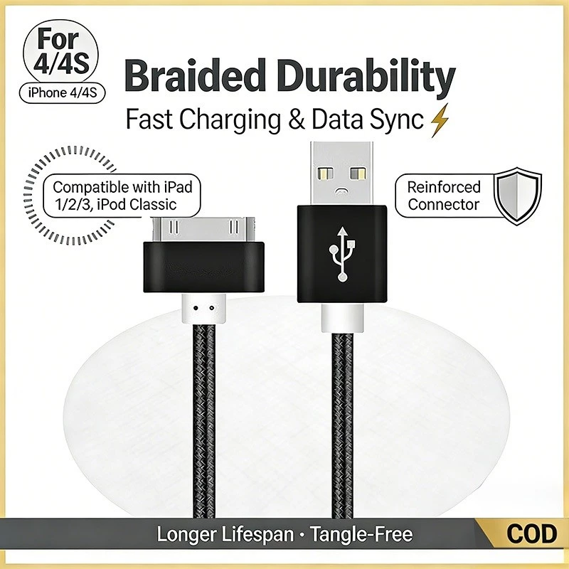 สายชาร์จ 30 พิน สายถัก ดาต้า เหมาะสำหรับ iPhone 4/4S, iPad 1/2/3, iPod รุ่นเก่า ทนทาน ชาร์จเร็ว