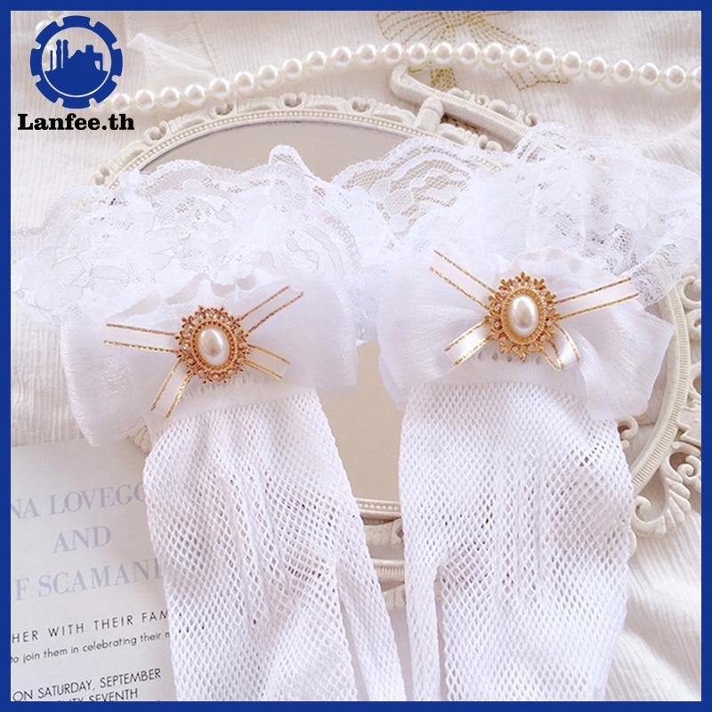 NFE สาว Lolita ตาข่ายโบว์ดอกไม้ถุงมือลูกไม้สีขาวถุงมือลูกไม้ lolita ลูกไม้แขนคอสเพลย์เครื่องประดับ N