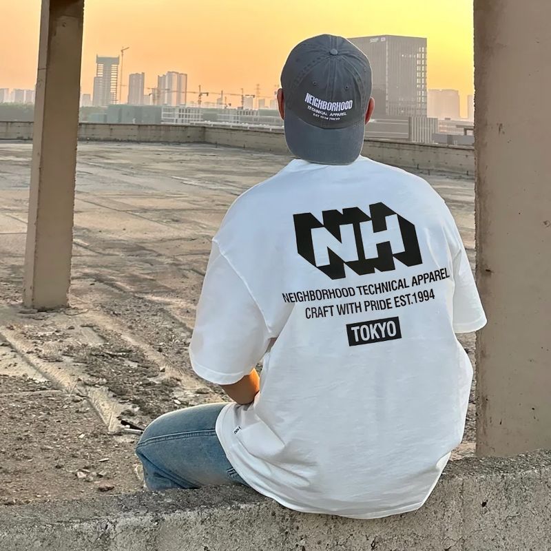 Street Wear nbhd Letter Pure Cotton Overlap Letter Print Loose All-Match Top
