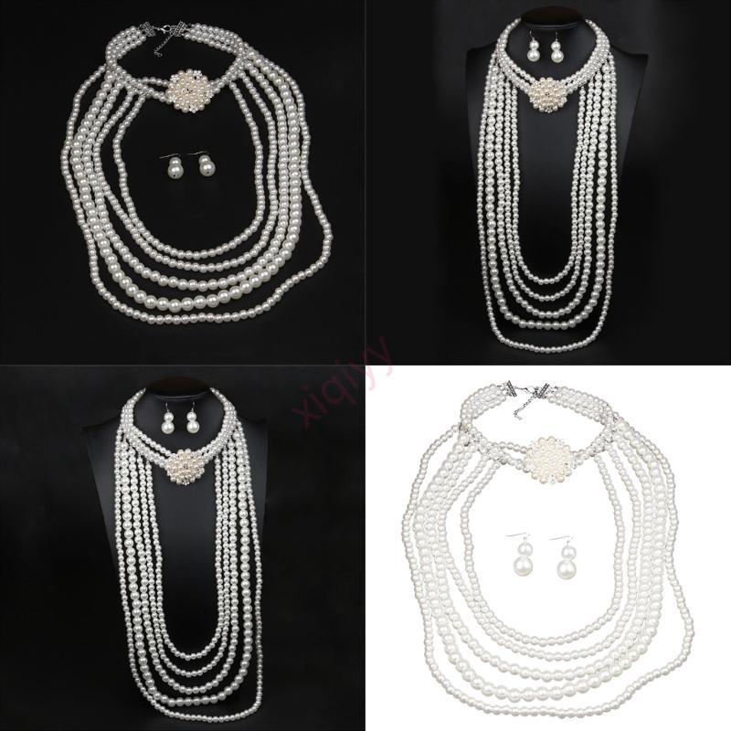 XQYY Elegant Faux Pearls สร้อยคอลูกปัดและต่างหู Multilayered ลูกปัดชุดเครื่องประดับ Handmade อุปกรณ์เสริมสําหรับผู้หญิงสาว