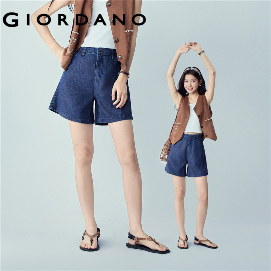 GIORDANO WOMEN 100% cotton high waist washed denim shorts​ 05406301