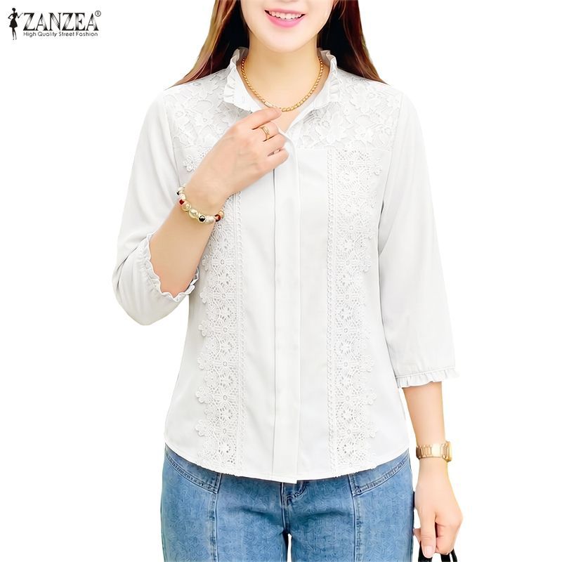 ZANZEA เสื้อลูกไม้คอกลม 3/4 สําหรับผู้หญิงเกาหลี