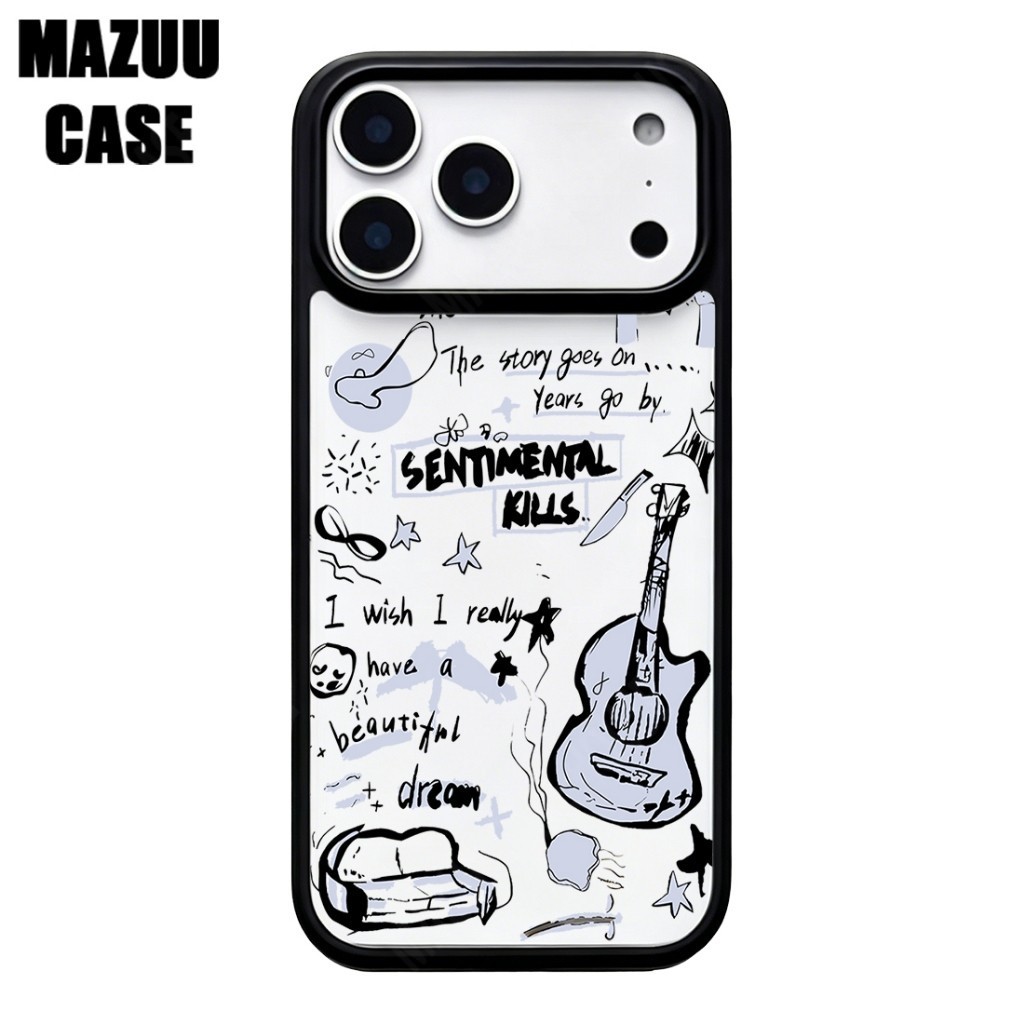 เคสไอโฟน TPU ขอบดำ หลังแข็งใส กันกระแทก ลายข้อความและกีตาร์สไตล์สตรีท สำหรับ iPhone 17 16 15 14 13 12 11 Pro Max Plus