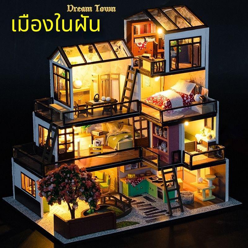 บ้าน DIY ขนาดเล็ก เมืองในฝัน บ้านวิลล่าไม้ DIY แบบหลายชั้น พร้อมไฟ โมเดลประกอบ