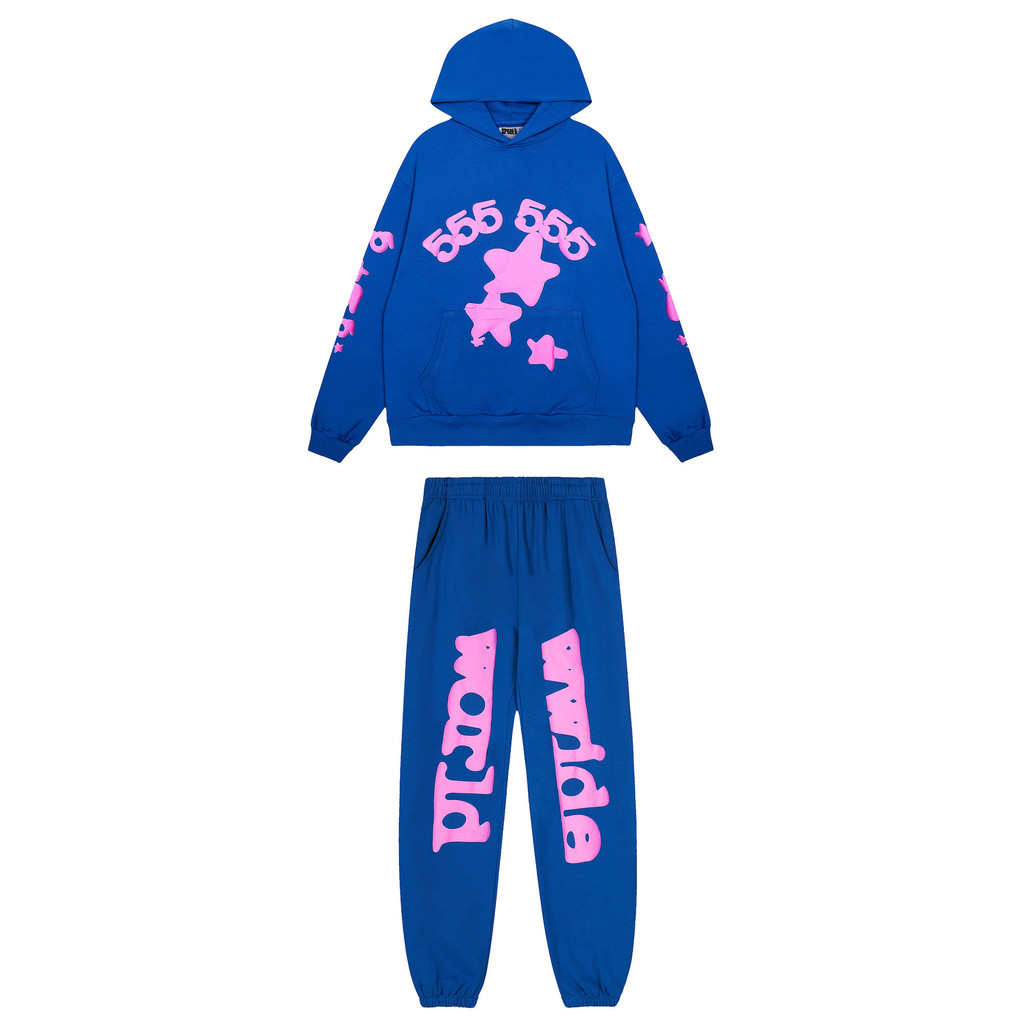 American Street Sp5der 555555 โฟมพิมพ์ตัวอักษร Klein Blue Sweatpants Terry Set