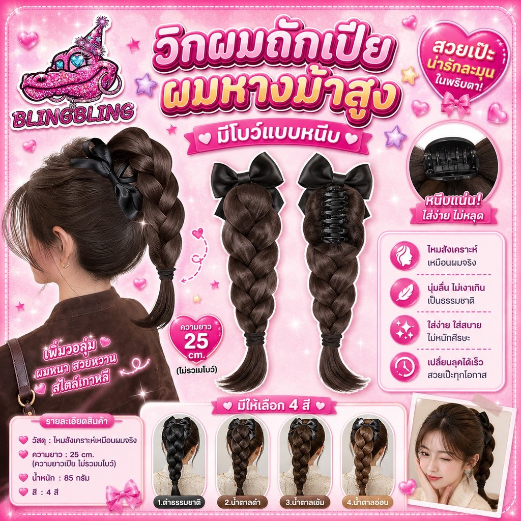 [พร้อมส่งจากไทย🇹🇭 มีส่งด่วน] วิกผมถักเปียผมหางม้าสูงมีโบว์แบบหนีบ เปลี่ยนลุคได้ง่าย เพียงแค่หนีบ เพิ่มความน่ารัก