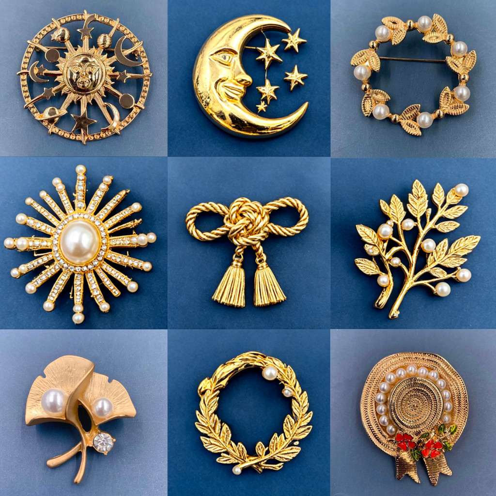 Vintage Gold Tone เข็มกลัดคอลเลกชัน Sun Moon Star Pearl Leaf Bow และดอกไม้ Lapel Pins