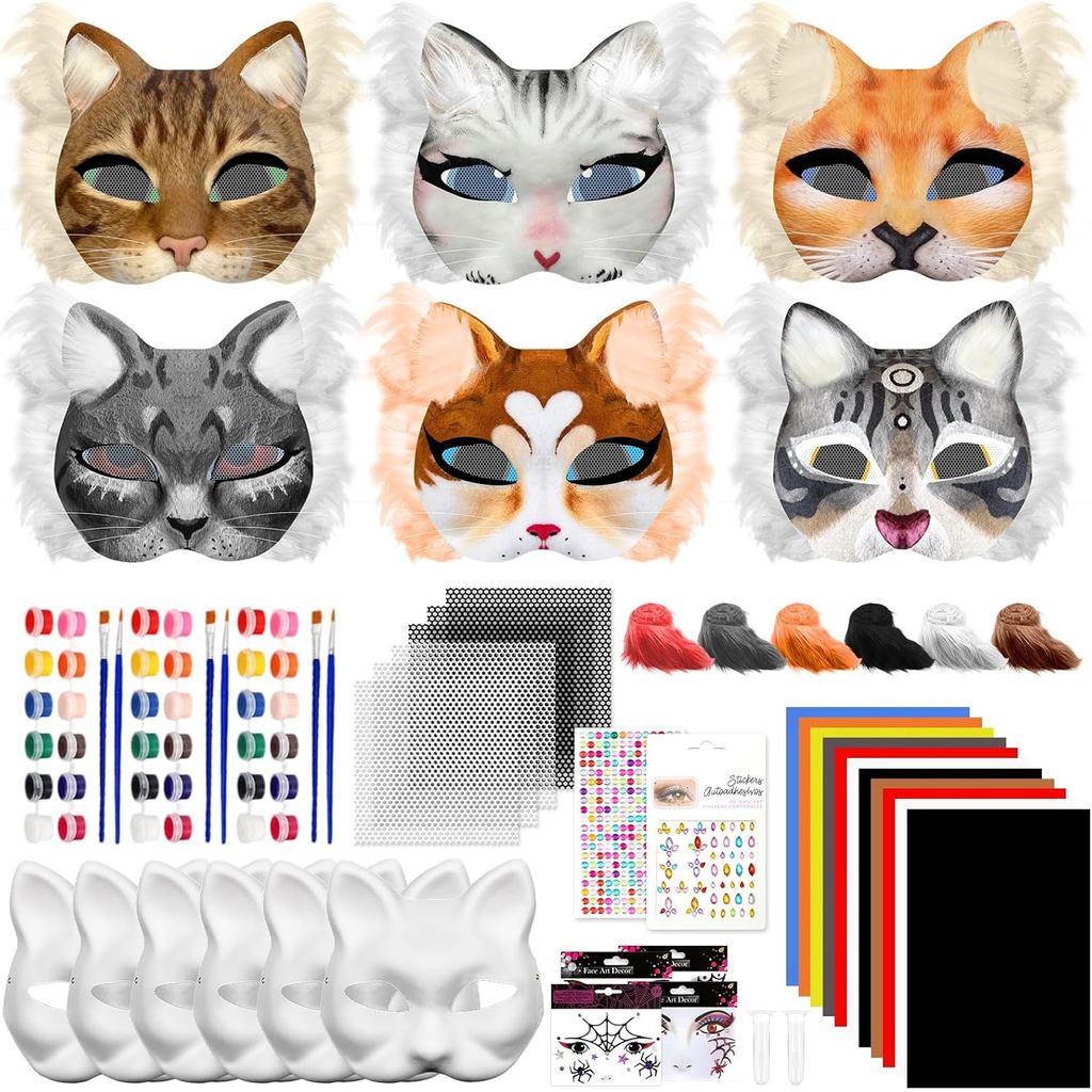 Blurap 101 PCS Therian Mask Kit หน้ากากแมวฮาโลวีน Furry Mask Kit หน้ากากแมวเปล่าสําหรับ Masquerade ค
