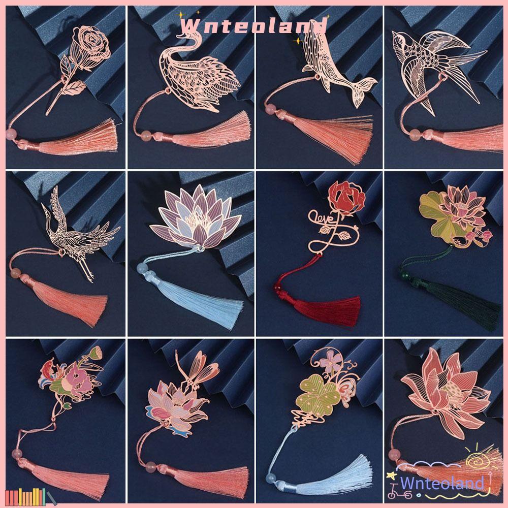 WNTEOLAND ที่คั่นหนังสือกลวง, ที่คั่นหนังสือพู่กลวงโลหะ, โรสโกลด์คุณภาพสูง Good Wishes หน้าหนังสือสไตล์จีน Pagination