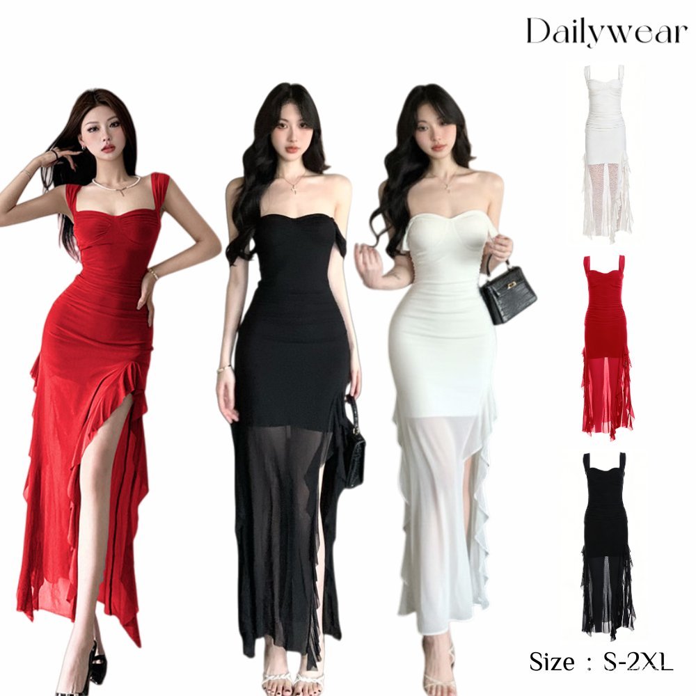 Dailywear พร้อมส่ง เดรสสุดเซ็กซี่และเปรี้ยวซ่าสำหรับผู้หญิง ดีไซน์ไม่สมมาตร กระโปรงระบายริบบิ้นสีแดง