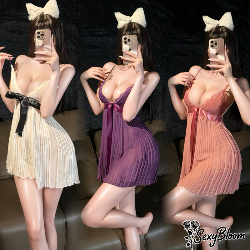 🌹Sexy Bloom🌹สไตล์ฝรั่งเศส โบว์ประดับ ชุดนอนผู้ใหญ่ ชุดนอนเซ็กซี่ คอวีลึก  แบบสั้น จัดส่งรวดเร็วจากประเทศไทย