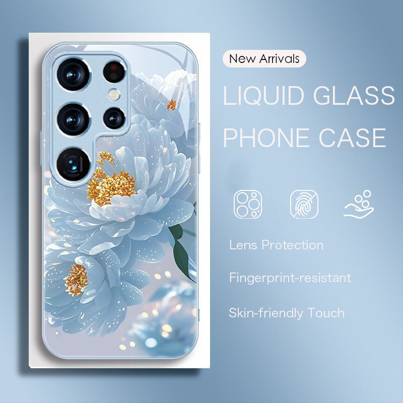 หรูหราสําหรับ Samsung Galaxy S26Ultra, S25Ultra สีชมพู Peony ดอกไม้, A56 Liquid Glass ป้องกัน Anti-Scratch เคสกันกระแทกสําหรับผู้หญิง A55 S23FE S24Ultra S23Ultra S23Ultra S22 A54