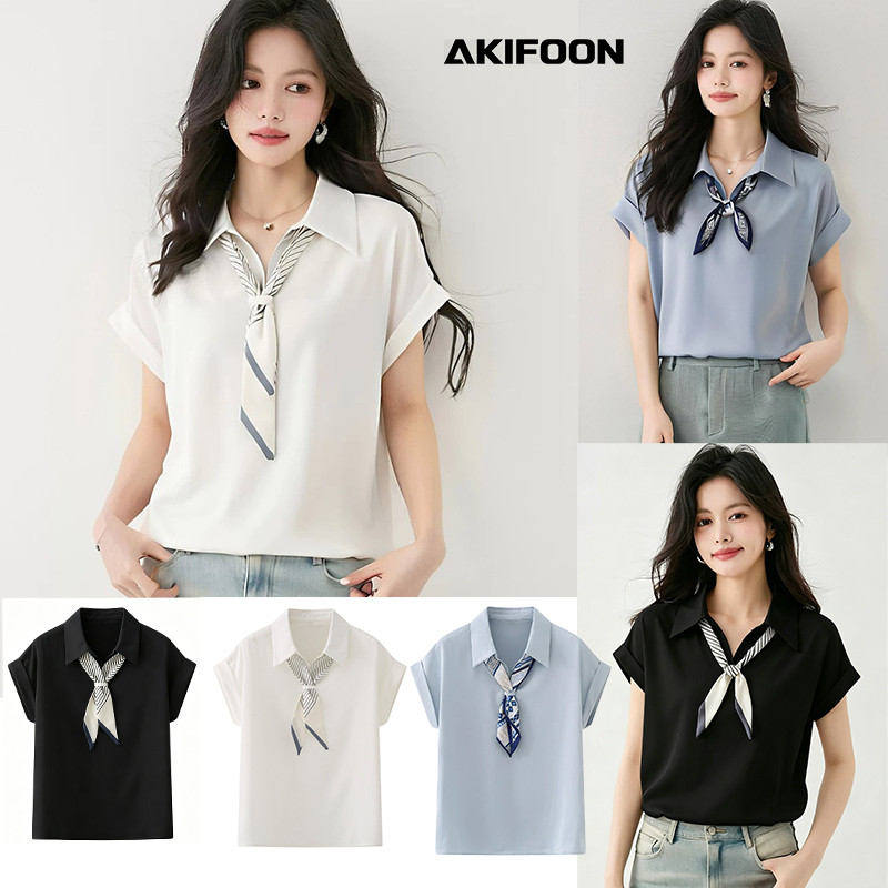 Akifoon.เสื้อเชิ้ตแขนสั้นผ้าซาตินคอวีฝรั่งเศสสุดเก๋ในดีไซน์ทรงหลวมทรงหลวม เหมาะสำหรับฤดูร้อน#99159