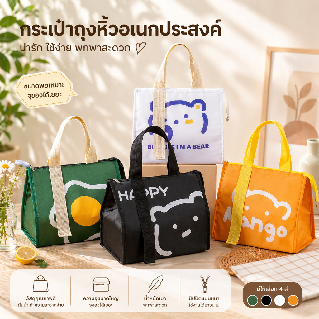 กระเป๋าใส่กล่องข้าว ถุงเก็บความเย็น เก็บอุณหภูมิ กันน้ำ อลูมิเนียมฟอยล์ ฉนวนหนา มีหูหิ้ว ใช้ซ้ำได้ พร้อมส่ง