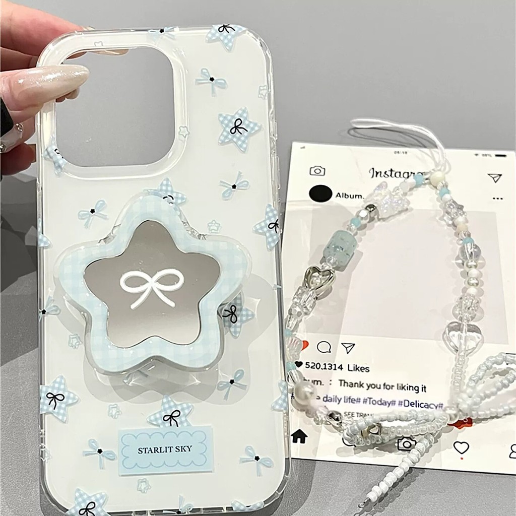 Bow Star Mirror Bracket สําหรับ Samsung S26 ultra/S24 + Note20/A34/A17/S22 เคสโทรศัพท์ A25/S26/A27/S21fe/A56/A57 พร้อมโซ่ 52/53