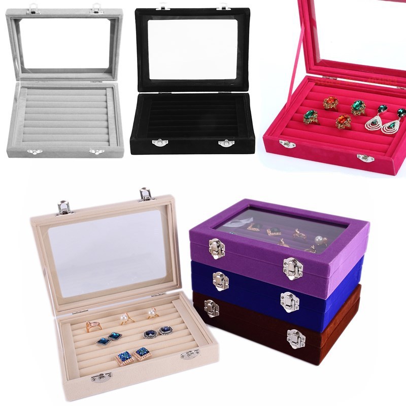 Popular~Silver double-lock glass windowed small jewelry box Jewelry Box Ring and earring jewelry sto