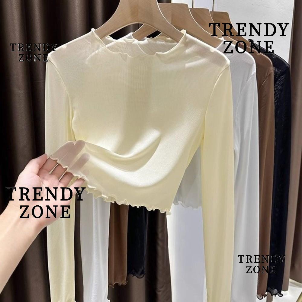 เสื้อลูกไม้และเสื้อยืดตาข่ายแขนยาวสำหรับผู้หญิง สไตล์ซีทรู คอกลม เหมาะสมใส่ในฤดูใบไม้ผลิและฤดูใบไม้ร่วง