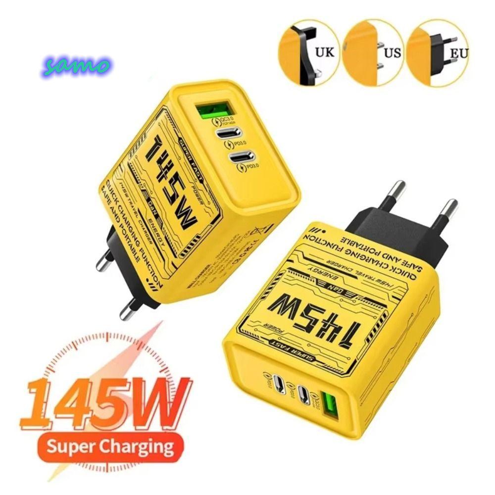SAMO อะแดปเตอร์ชาร์จโทรศัพท์, USB A+C PD QC3.0 145W GaN ปลั๊กชาร์จ, 3 พอร์ต EU/US/UK Fast Charging U