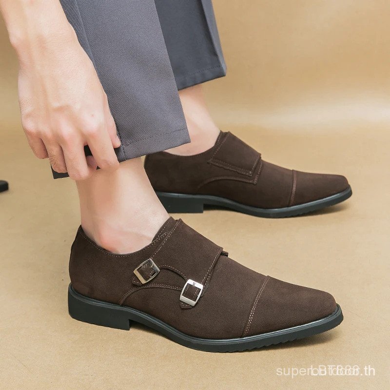 ใหม่สีน้ําตาลLoafers Flock Double Buckle Monkรองเท้าสีดําสแควร์Toe Slip-ONธุรกิจรองเท้าผู้ชายขนาด38-
