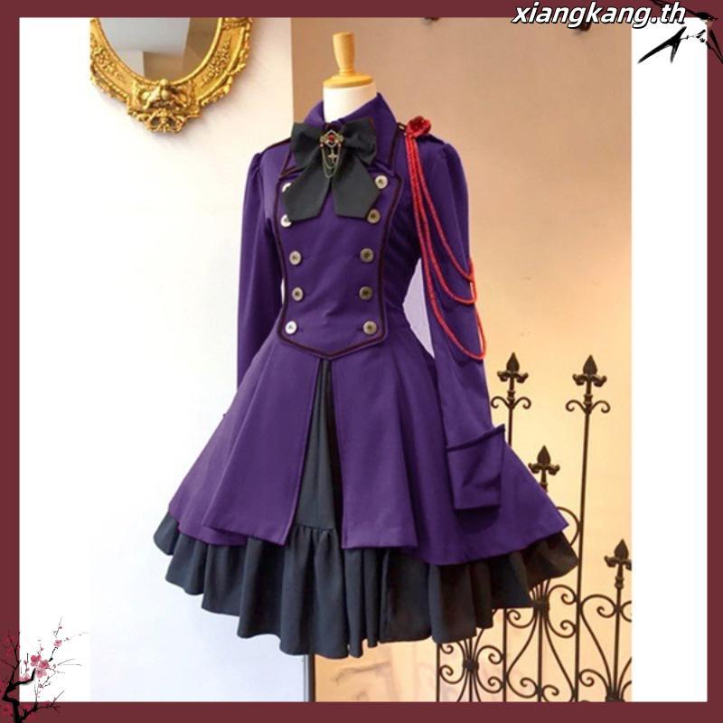 Women Vintage Gothic Lolita Cosplay Costume Dress Bow Tie Button Long Sleeve Party Dress