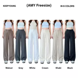 KEEPYOUNG [M-2XL] กางเกงกระบอกใหญ่ เอวสูง ผ้าพริ้ว ใส่สบาย รุ่น AMY