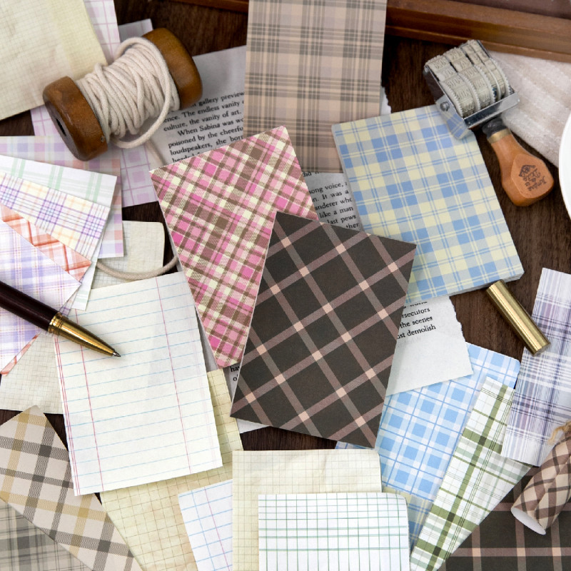 QOUZMO Vintage Plaid Base Paper Pack, กระดาษเขียนตาข่ายคลาสสิก, วัสดุพื้นหลังอเนกประสงค์สําหรับ Junk Journal Handmade Collage