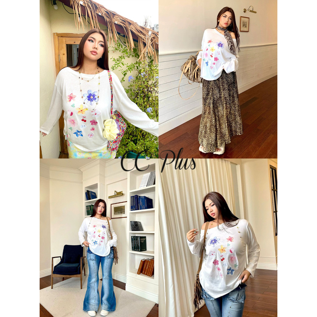 CiCi Plus+(J2580) เสื้อแขนยาวคอกลม รูดข้าง ดีเทลพิมพ์ลายดอกไม้สีสันสดใส เนื้อผ้าเบาสบาย สไตล์สาวพลัสไซส์
