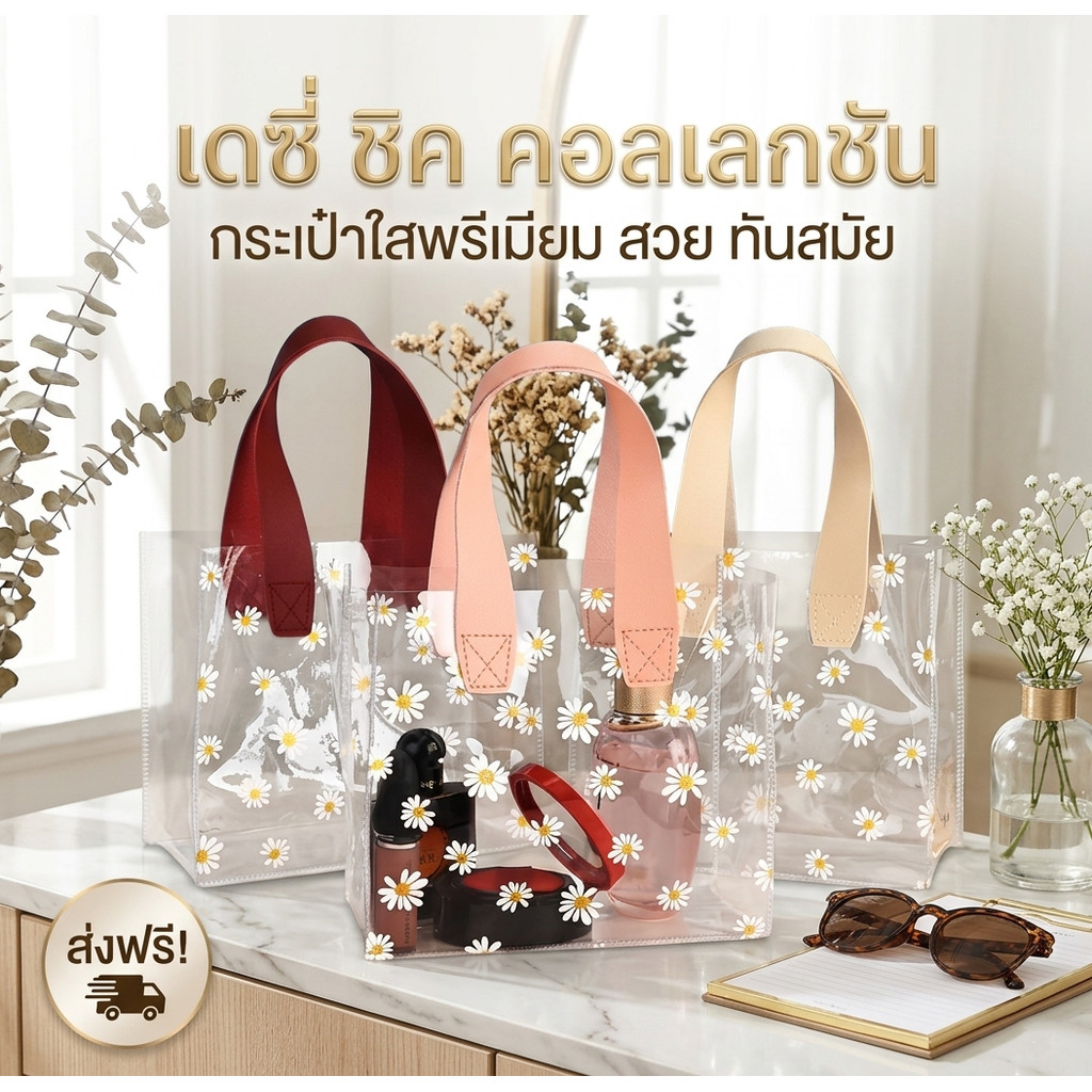 กระเป๋า  สกรีนลายดอกเดซี่ กันน้ำPVC กระเป๋าใส มี 2 ขนาด bag13 ใส่ของได้เยอะ พกพาง่าย มีหูหิ้ว กระเป๋าทรงกล่อง พร้อมส่ง