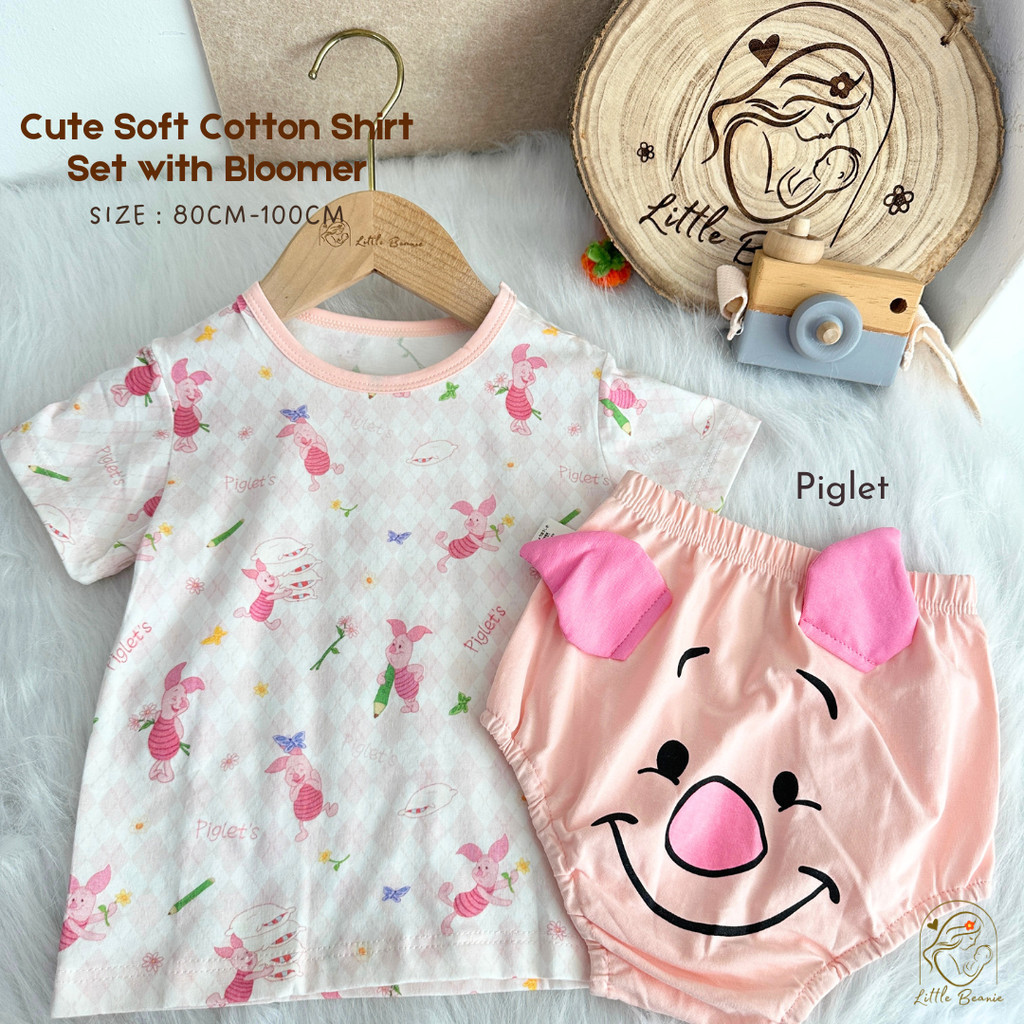 LittleBeanie (PIGLET) ชุดเสื้อเชิ้ตผ้าฝ้ายเนื้อนุ่มน่ารักพร้อม BLOOMER