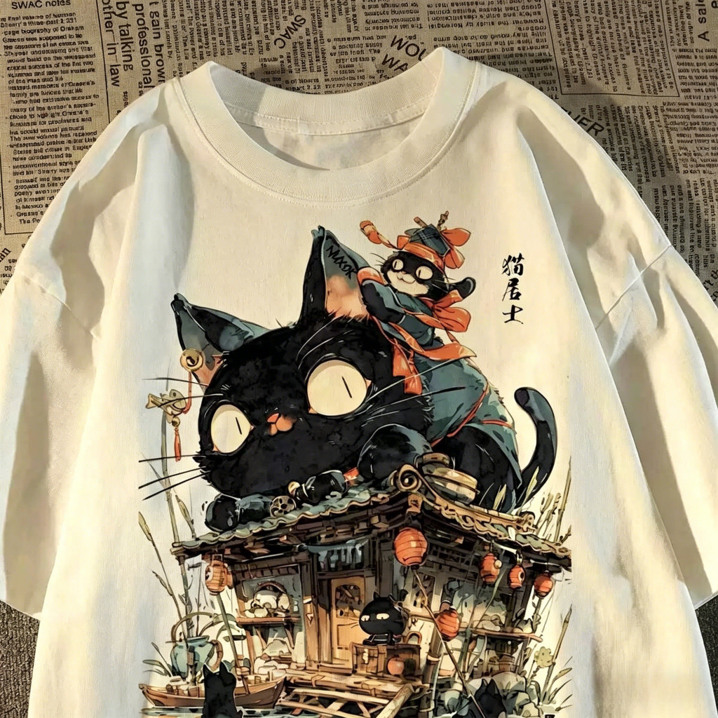 🚚【จัดส่งจากไทย】เสื้อยืดพิมพ์ลายลูกแมวการ์ตูนย้อนยุคญี่ปุ่น แขนสั้น คอกลม ผ้าเนื้อนุ่ม สวมใส่สบาย