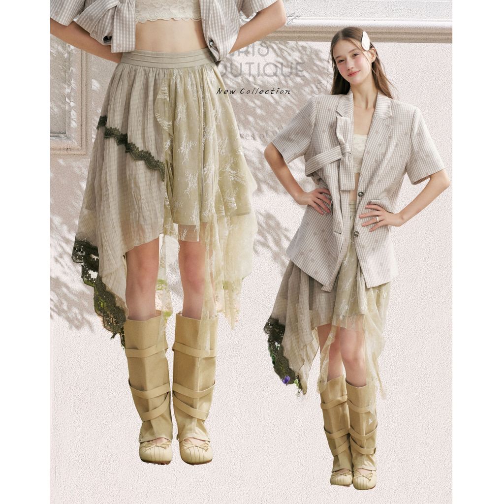 Original Design IRIS BOUTIQUE Trims series summer IB73933-IK73930 Willow Check Blazer & Lace Skirt Set