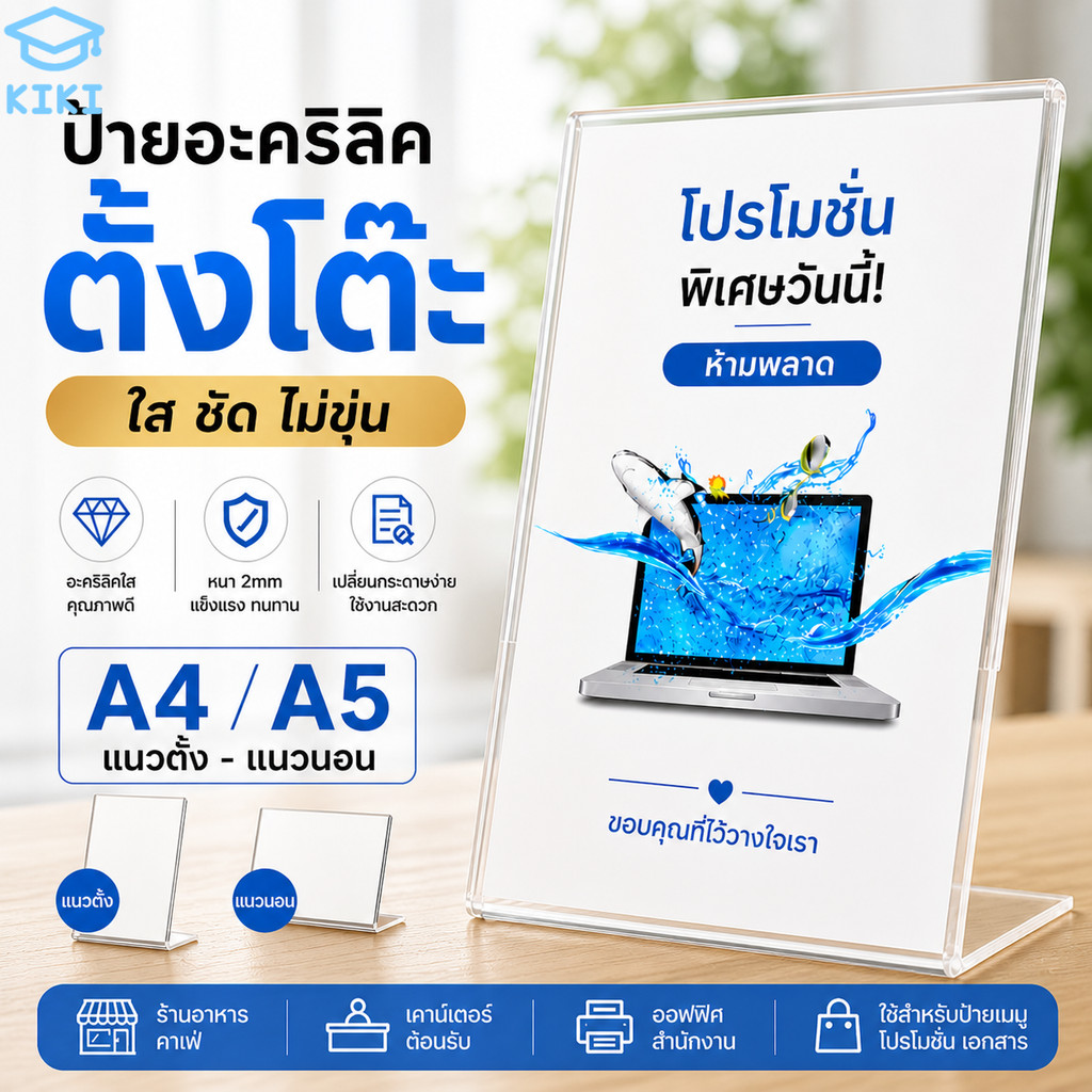 KIKI ป้ายตั้งโต๊ะอะคริลิค L-shape A4 A5 แนวตั้ง แนวนอน หนา2mm ป้ายเมนู ป้ายโชว์เอกสาร ป้ายโบรชัวร์ Acrylic Sign