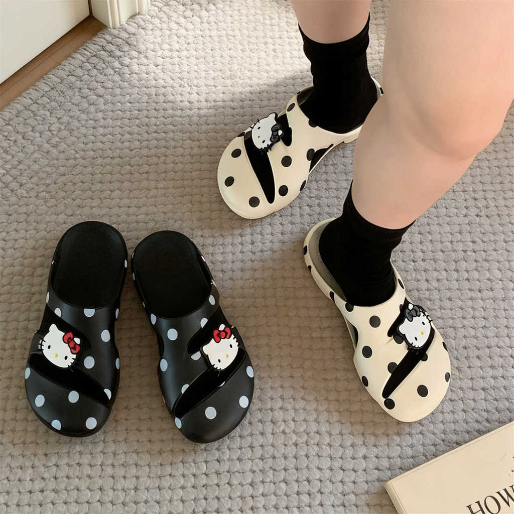 รองเท้าแตะเย็น XIXITIAO สำหรับผู้หญิง ฤดูร้อน น่ารักสบาย งานแท้ Hello Kitty สำหรับกลางแจ้งและชายหาด