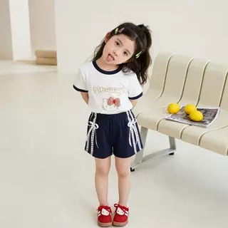 พร้อมส่งจากไทย ชุดเซ้ตเด็กผู้หญิง เสื้อขาว+กาเกงสีกรม เนื้อผ้าคอตตอน ไม่หนา บาง แต่งลายแมว 42-TE