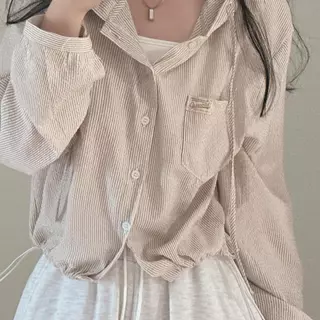[สินค้าพร้อมส่ง]เสื้อแจ็คเก็ตมีฮู้ดแขนยาวลายทางสำหรับผู้หญิง มีกระเป๋าปะปักตัวอักษร สวมใส่สบายและทันสมัย#99409