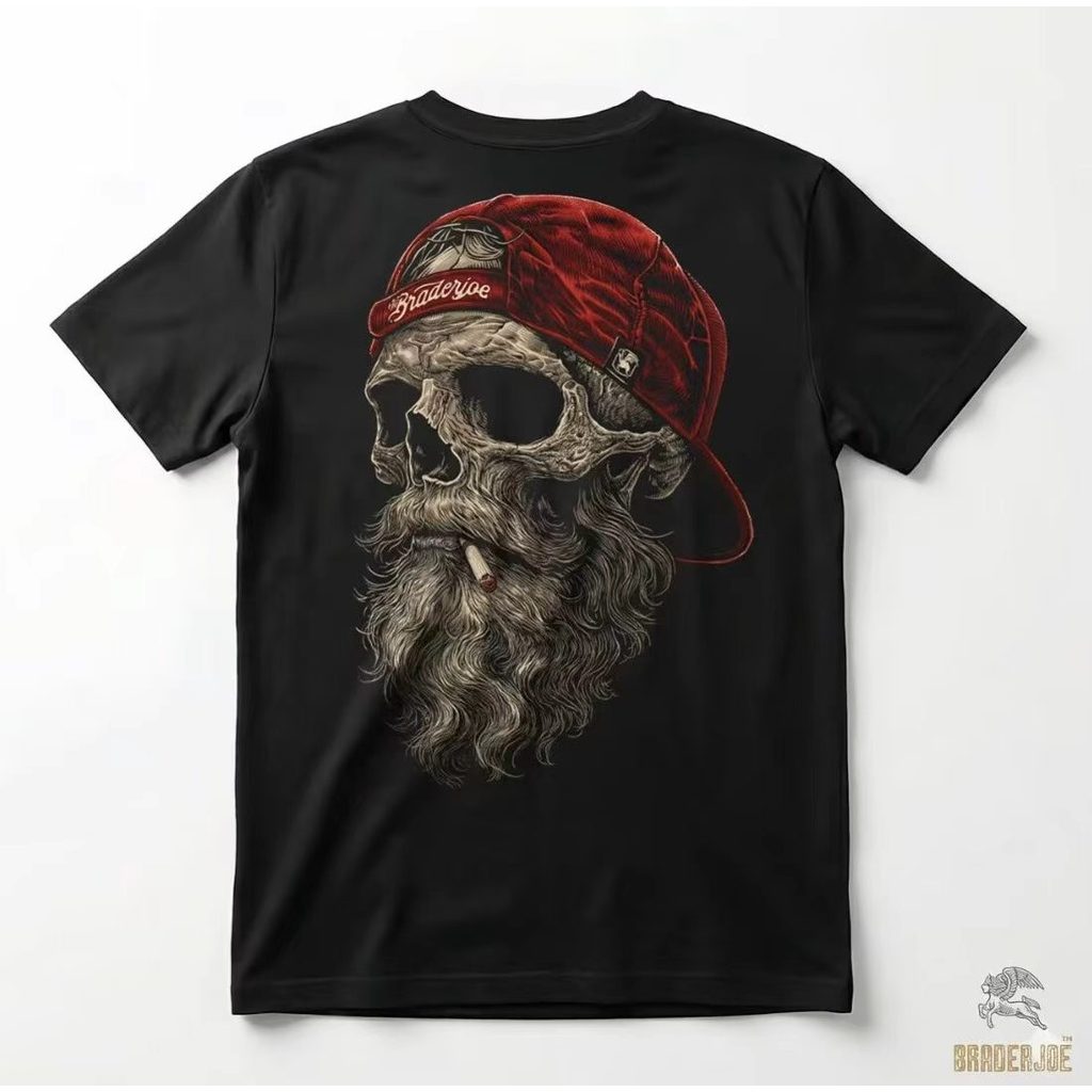 เสื้อยืดสไตล์สตรีทลายโครงกระดูกผมยาวผ้าเบสบอล ผ้าฝ้าย 100% 200g ใส่สบาย