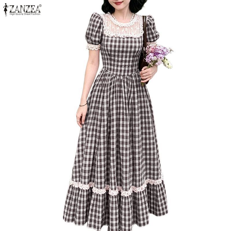 ZANZEA ซานเซีย ชุดเดรสยาวปาร์ตี้ลายหมากรุกแบบลําลองสไตล์เกาหลีสําหรับผู้หญิง
