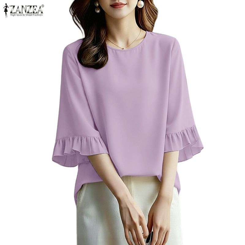 ZANZEA เสื้อเบลาส์คอกลมแขน 3/4 ของผู้หญิงแฟชั่นเกาหลีสีทึบลําลอง