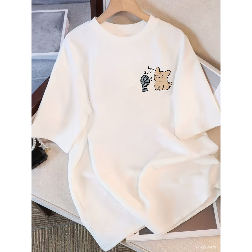 เสื้อยืดผู้หญิงแขนสั้น ลายแมวคาร์ตูน น่ารัก ทรงหลวม ลายข้อความ Hi! Be Happy เนื้อบางเบา ระบายอากาศดี เหมาะใส่ฤดูร้อนสไตล