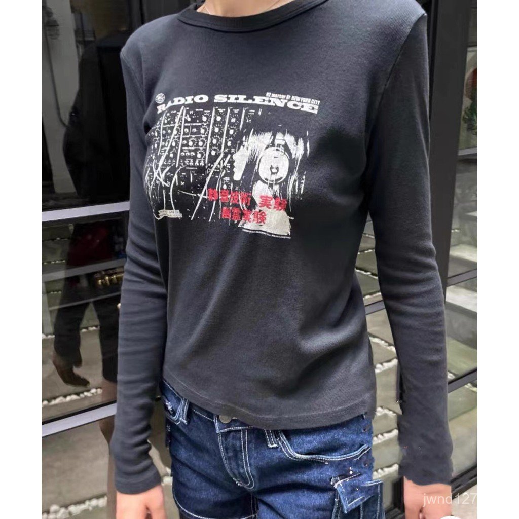 สไตล์รอบคอฤดูใบไม้ร่วงดูอเมริกัน Retro สไตล์ใหม่วิทยุสีดําเสื้อผู้หญิงพิมพ์ bmt Slimmer ดู 100POC