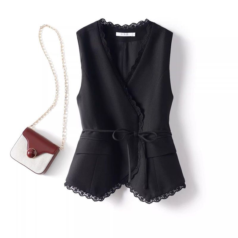 สีดําผู้หญิงลูกไม้เอว-cinching slim-fit ด้านบน, หรูหราและความรู้สึกระดับไฮเอนด์, 2026 ฤดูใบไม้ผลิและฤดูใบไม้ร่วงใหม่เสื้อกั๊กแขนกุด