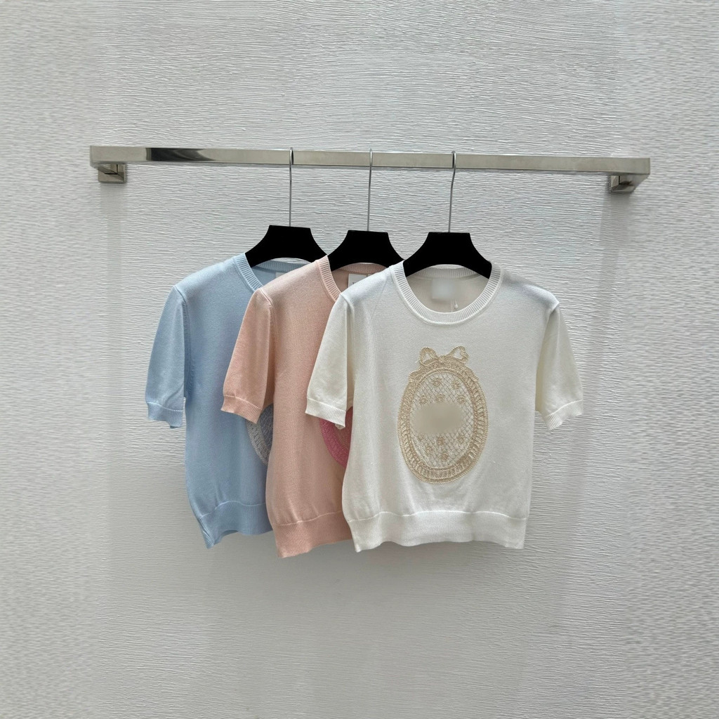 JP4L CD % 26 ฤดูใบไม้ผลิฤดูร้อนสไตล์ใหม่ Contrast สีตัวอักษรรอบคอถักแขนสั้น Casual Top ผู้หญิง