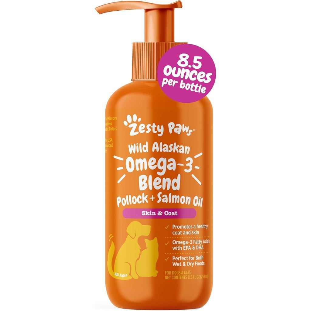 Zesty Paws Wild Alaska Omega-3 Mixed Cod+Salmon Oil สําหรับซัพพอร์ตและเส้นผมให้แข็งแรง อาหารเสริม Om