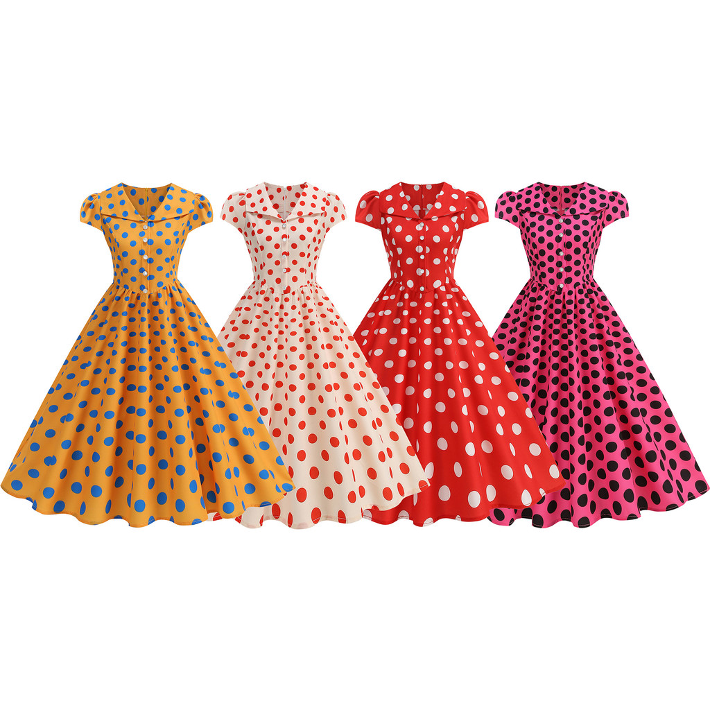 แฟชั่นหญิง Hepburn สไตล์ Retro Lapel Single-Breasted Polka Dot พิมพ์ขนาดใหญ่ Swing ชุดโรงเรียน Prom Retro ชุด