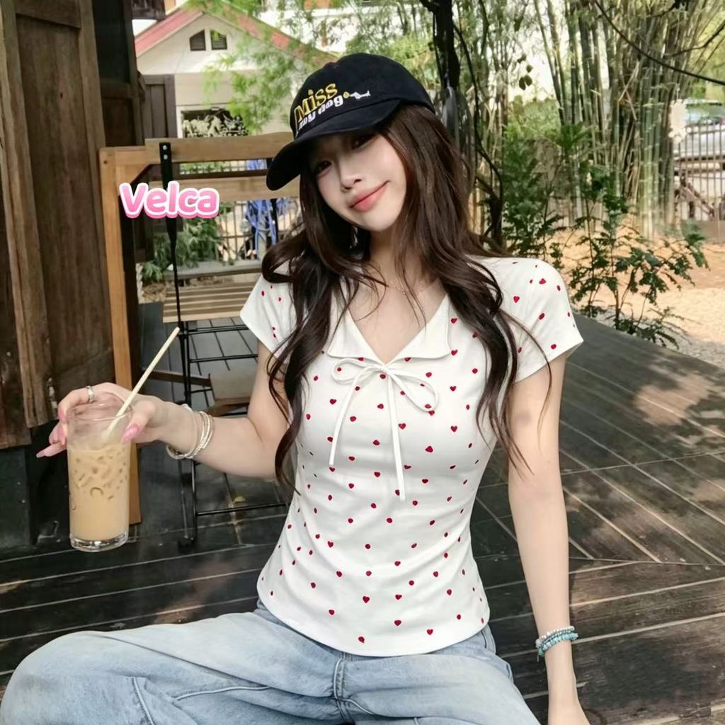 Velca ส่งไวจากไทย เสื้อท่อนบน คอวี ลายจุดหัวใจ แต่งโบว์ หวานน่ารัก เซ็กซี่เบาๆ สไตล์เกาหลี